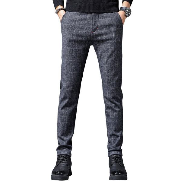 

spring autumn men's trousers straight long streetwear plaid fashion elastic suits pants masculino slim business casual male, Black