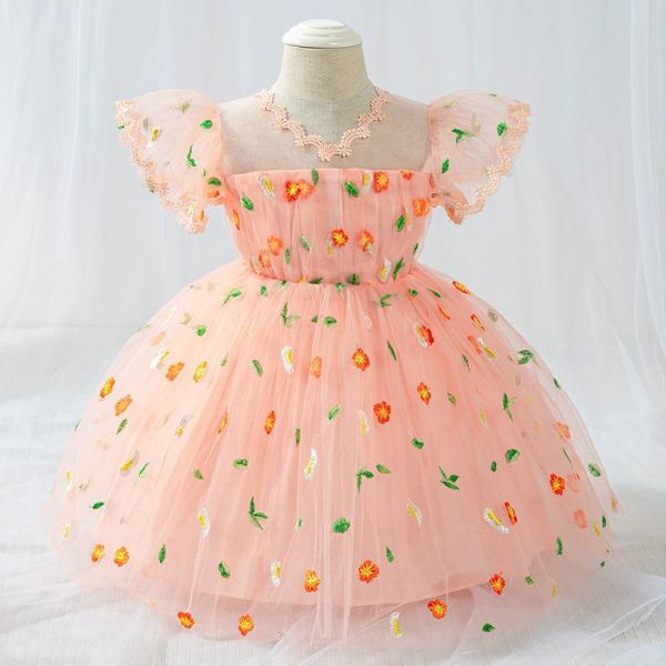 

girl's dresses emboridery flower dress for girls baby christening born kids summer clothes tulle tutu toddler wedding costumes, Red;yellow
