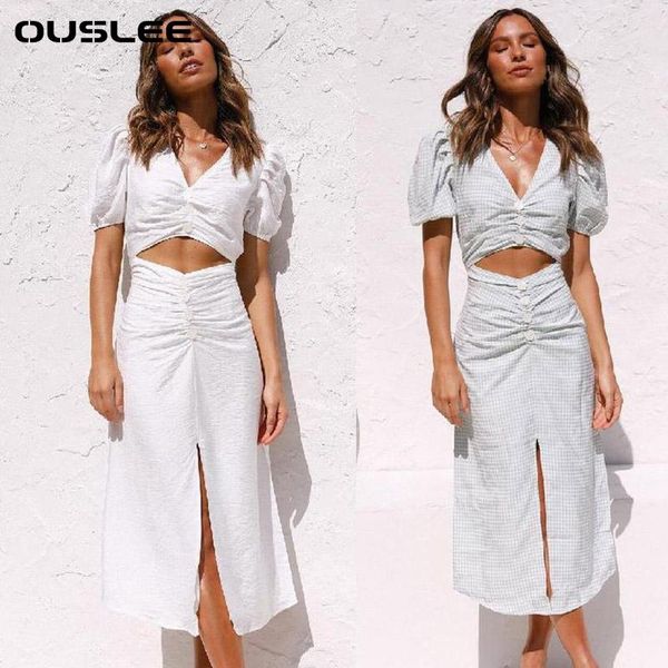 

casual dresses ouslee women summer v neck hollow out fashion maxi dress ladies white puff sleeve split party elegant elastic long, Black;gray