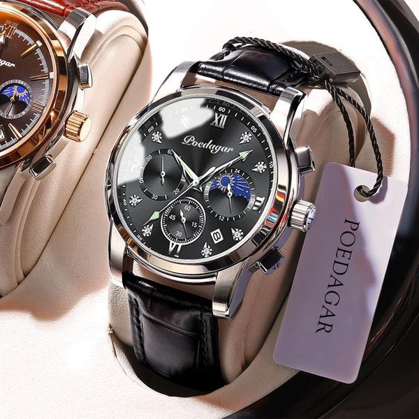 

wristwatches 2021 poedagar men watches business leather waterpoof luminous japan quartz gifts fashion with date high quality, Slivery;brown