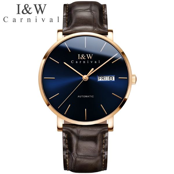 

carnival fire automatic mechanical watches men i & w fashion sapphire men's leather business clock reloj hombre, Slivery;brown