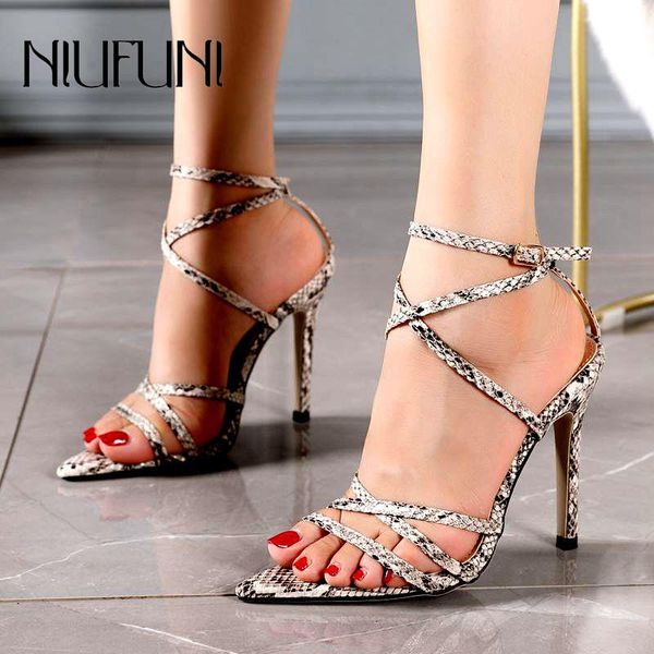 

snake pattern pointed toe cross-lace ultra-fine high-heeled ladies sandals hollow ankle straps women's shoes patent leather, Black