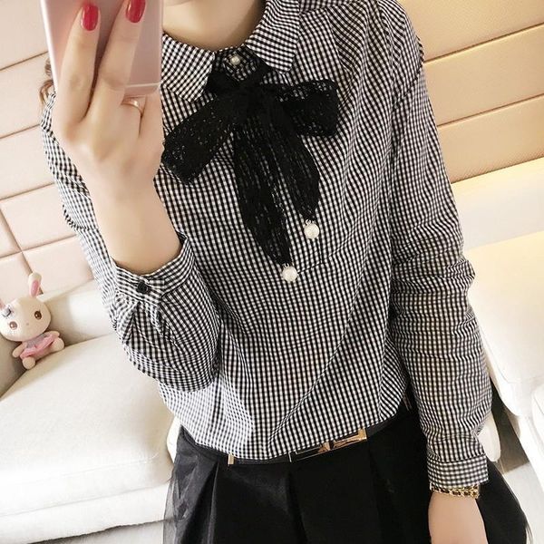 

spring summer style chiffon womens blouses casual long sleeve peter pan collar plaided blusas df3157, White