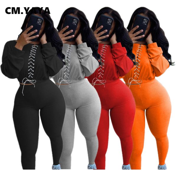 

streetwear ribbed sweatsuit womens set lace up sweater legging pants set active trasuit two piece fitness outfit setby air, White