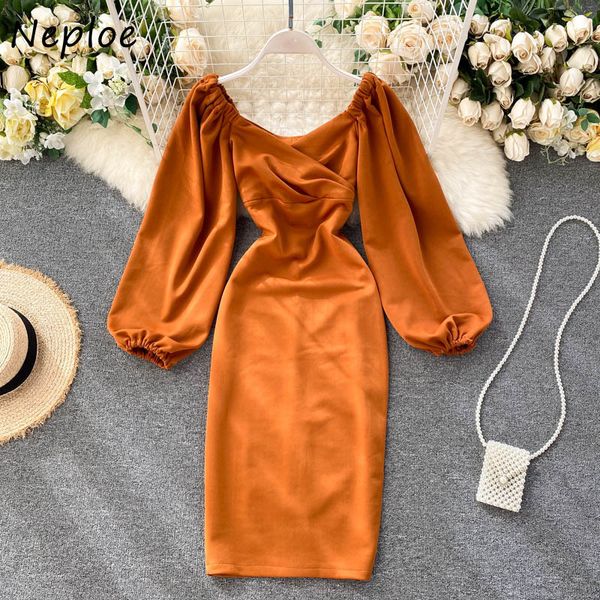 

neploe temperament female dresses autumn new retro lantern sleeve v-neck slim wasit solid simple split vestidos dress 82299 210423, Black;gray