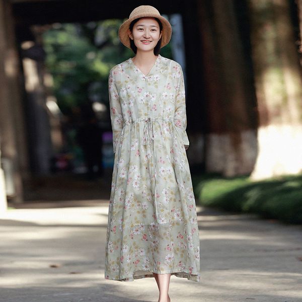 

johnature spring loose plus size v-neck nine points sleeve retro dress simple comfortable floral print women dresses 210521, Black;gray