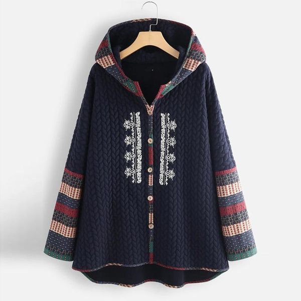 

women's jackets winter ethnic printed warm coat womens hoodie long sleeve single-breasted patchwork jacket, Black;brown