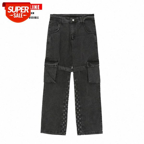 

tkpa heavy duty old cement gray functional jeans male hip-hop hole skateboard straight overalls #lf67, Blue