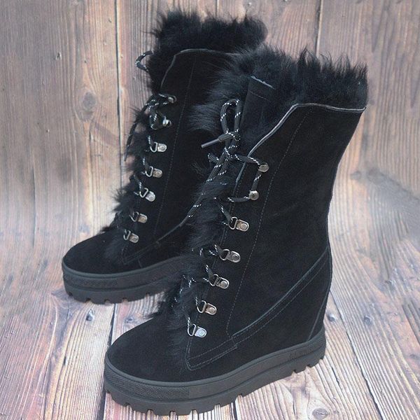 

boots winter woman black suede height increasing 8 cm wedge warming thick sole lace up casual fur snow short ankle