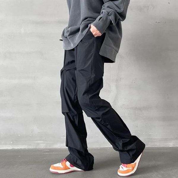 

men's pants male retro high street fashion pleated casual harajuku streetwear hip hop trend loose straight long trousers, Black