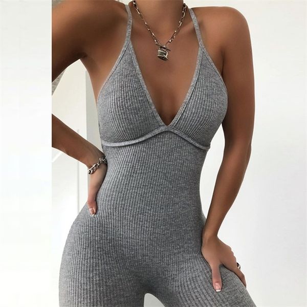 

v-neck skinny jumpsuit women summer hollow out partywear halter sleeveless streetwear outfit fitness backless, Black;white