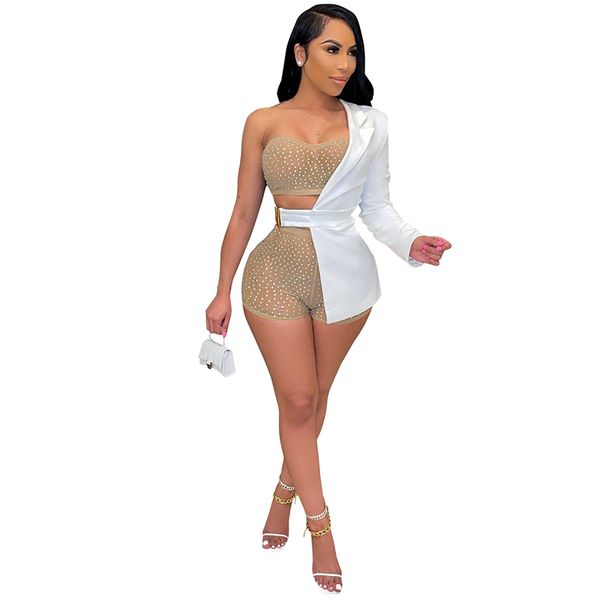 

women two pieces pants slim rhinestone summer short three piece set, White