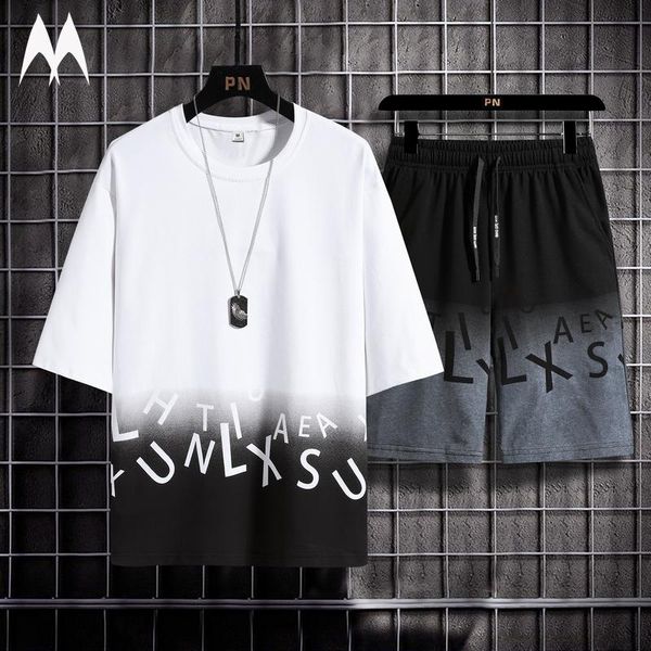 

men's tracksuits 2021 gradient short sleeved t-shirt shorts casual set fashion letter print trend sportswear sets summer tracksuit men, Gray