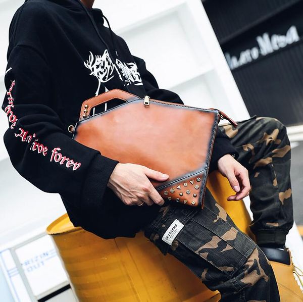 

factory wholesale man bag retro mad horse pu leather handbags individual ancient rivet punk mens wrist bags trend rivets slant shoulde
