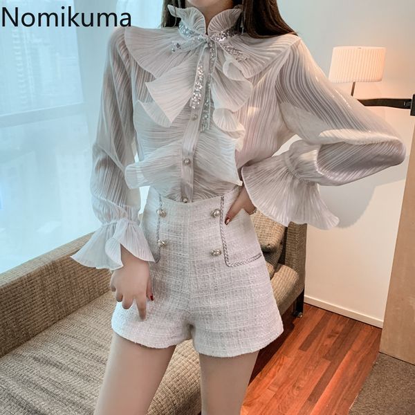 

nomikuma ruffle long sleeve shirts blusas femme solid color lace up blingbling slingle breasted blouse women autumn 3d298 210514, White