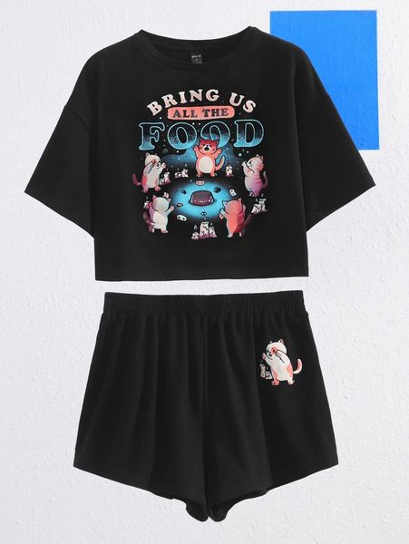 

x eduely cartoon print drop shoulder tee & shorts set k98l#, White