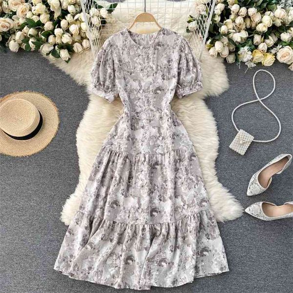 

summer retro vestidos female print round neck puff sleeve self-cultivation holiday midi dress gk634 210506, Black;gray
