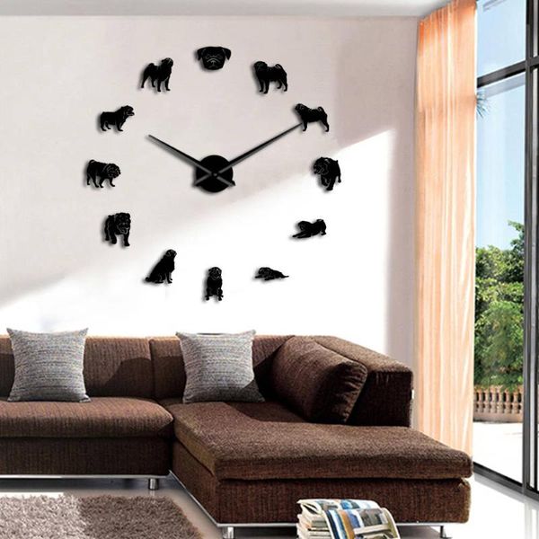Relógios de parede 1 peça pug Um cachorro licioso grande relógio moderno design animal animal de estimação DIY relógios Decoração de berçário para o quarto do miúdo