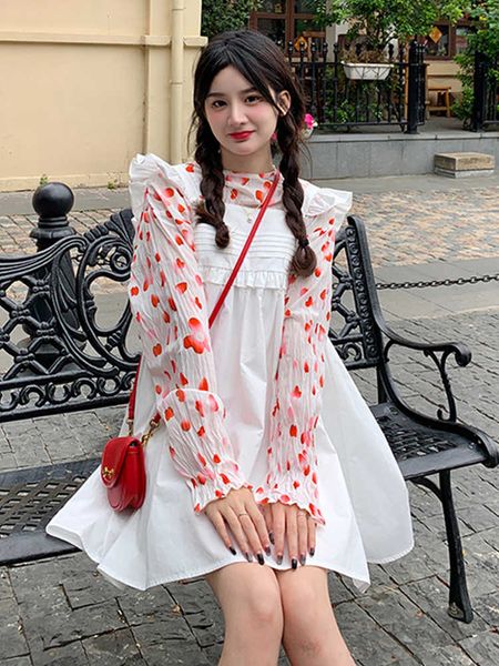 

fashion summer sweet sets loose square neck flying sleeve dress women mini + o neck long sleeve floral blouse thin japan style 210610, White