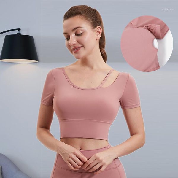 

yoga outfit women open back shirts gym crop with chest padded quick dry sportswear fitness workout running sports short sleeve
