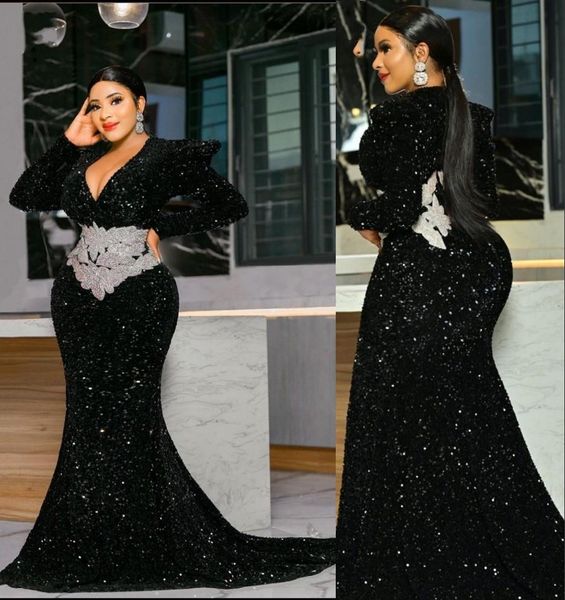 2022 Sexy Black Bling Lantejoulas Lace Vestidos de noite desgaste Sereia profunda V Neck mangas compridas lantejoulas vestidos de presentes Vestidos de festa Robe de Soiree Prata Crystal Beads