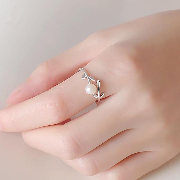 

cluster rings 925 silver color real natural pearl ring for women leaf bizuteria gemstone jewelry box wedding female, Golden;silver