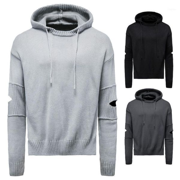 

winter men's wool pullover hooded ripped decor solid knitting stretchy casual fashion male warm sweater1, White;black