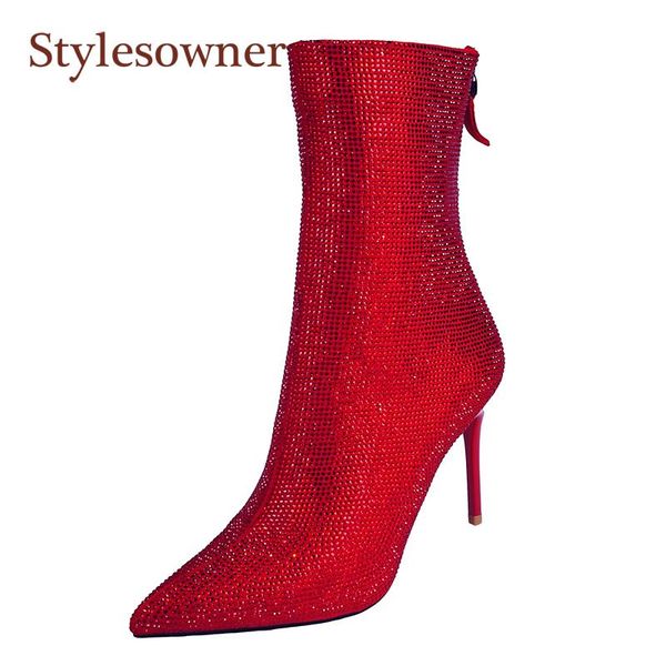 

boots solid color side zipper mid-tube high-heeled fashion pointed toe vamp rhinestone stiletto thin, Black