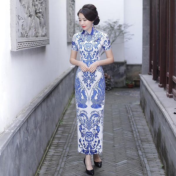 

ethnic clothing 5xl female blue and white porcelain long cheongsam chinese style qipao skirt banquet etiquette dress stage show, Red