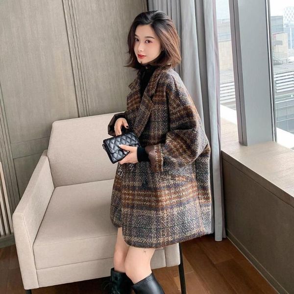 

women's wool & blends fashion plaid blend coat women 2021 autumn winter warm woolen coats korean jacket female long overcoat, Black