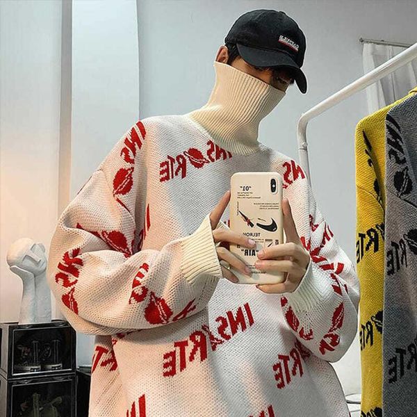 

men's sweaters tide brand turtleneck sweater male loose korean style trend student autumn and winter thick lazy ins japanese pullover, White;black