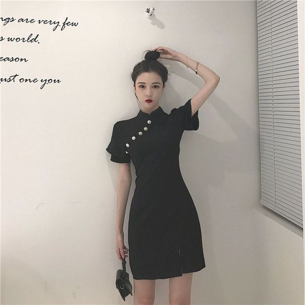 

1211# official picture # cheongsam female summer french young chinese girl modified split dress, Black;gray