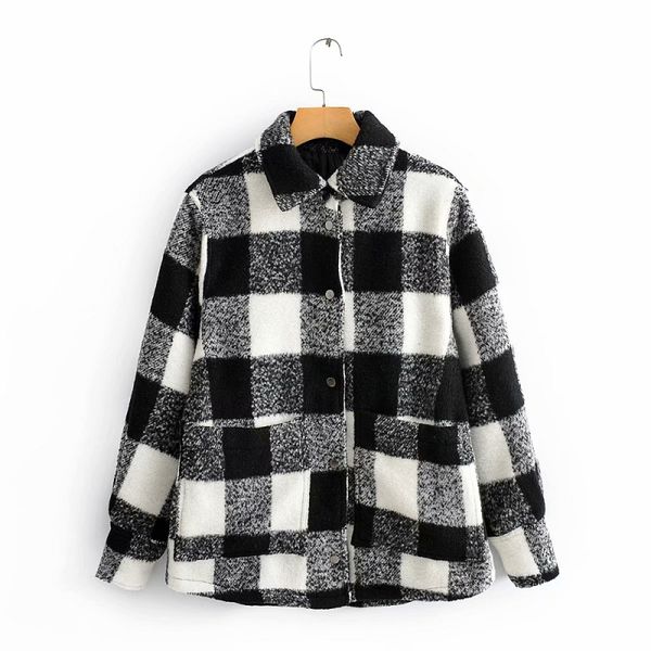 

vintage chic plaid woolen jacket fashion women autumn thick shirt elegant ladies turn-down collar coats, Black;brown