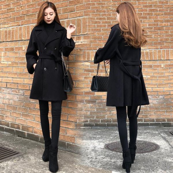 

women's wool & blends woolen coat autumn and winter style black slim trench fall clothes for women