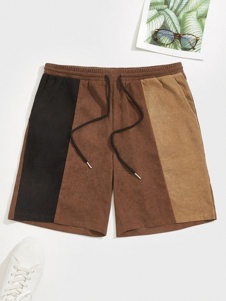 

men color block drawstring waist corduroy shorts 23tg#, Black