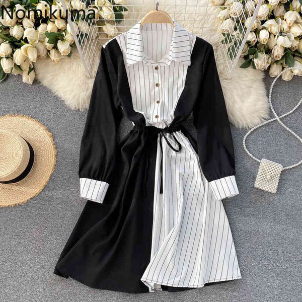 

nomikuma women dress spring summer new stripe pacthwork dresses korean elegant bow bandage slim waist vestidos mujer 6f573 210427, Black;gray