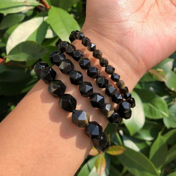 

beaded, strands natural gold obsidian bracelet diamond shape faceted beads crystal quartz healing stone jewelry gift for women and men, Black