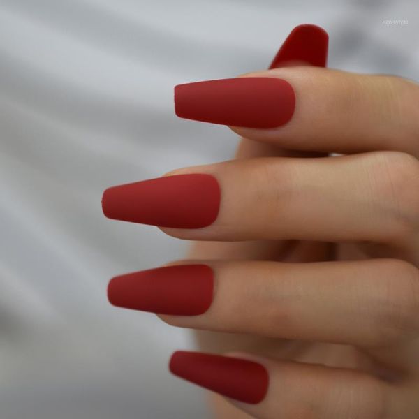 

matte red press on ballet false nails long frosted ruby-red coffin ballerina fingersnails with adhesive tapes extention tool1, Red;gold