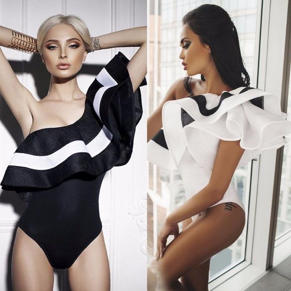 

women's jumpsuits & rompers black ruffles bodysuit women 2021 summer hollow out combinaison short mesh bodycon overalls for, Black;white