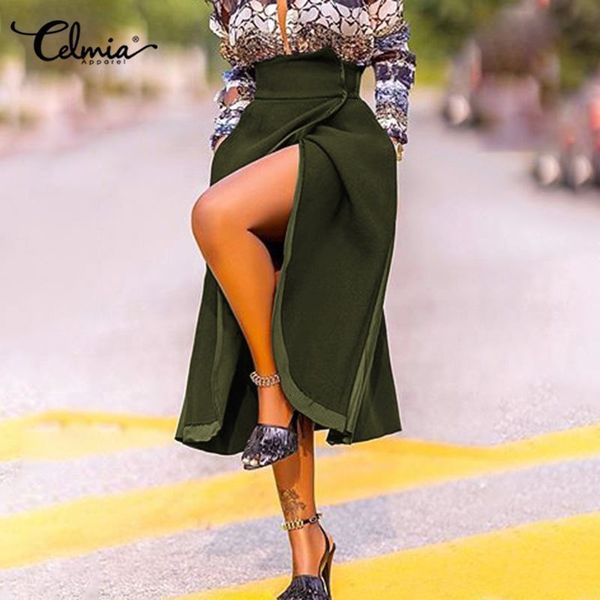 

skirt 2021 vintage leather hem high waist celmia women fashion slit solid fleece a-line midi casual party streetwear skirt, Black