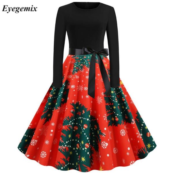 

casual dresses 2021 autumn winter christmas tree print dress women long sleeve vintage pinup rockabilly party knee-length vestido robe, Black;gray