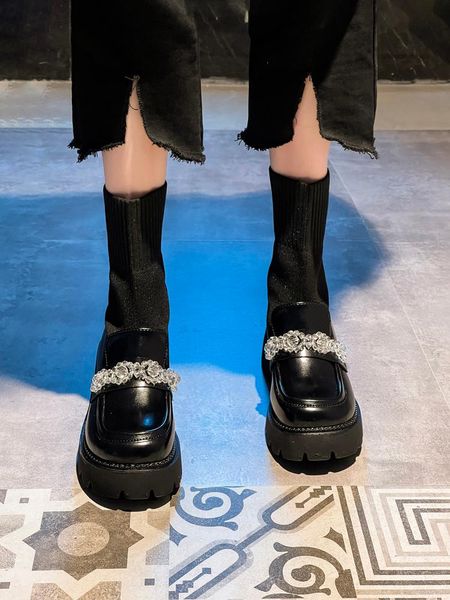 

boots lady boots-women crystal clogs platform luxury designer shoes round toe 2021 rubber rhinestone fashion high heel ankle su, Black