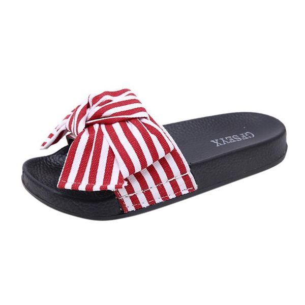 

women summer bow knot fashion casual home round toe rome slippers beach stripe pattern outdoor leisure anti-skid shoes, Black