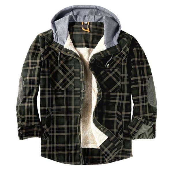 

men's jackets brand winter plaid flannel shirt jacket for men thick warm long sleeve fleece hooded shirts cotton mens camisa masculina, Black;brown