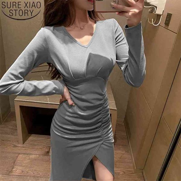 

autumn and winter v-neck pleated dress women high waist split tight long sleeve bottoming vestidos robe mujer 13183 210506, Black;gray