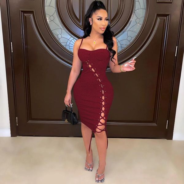 

casual dresses solid spaghetti strap party women ribbed lace up hollow bandage dress elegant backless midnight birthday vestidos, Black;gray