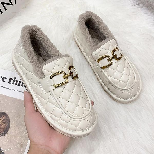 

dress shoes women's leather winter fashion plus velvet warm casual thick heel metal buckle cotton zapatos mujer, Black