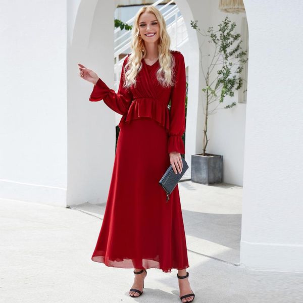 

ethnic clothing muslim fashion burgundy dress double layer high-density pearl chiffon impermeable long women kaftan moroccan vestidosrobe, Red