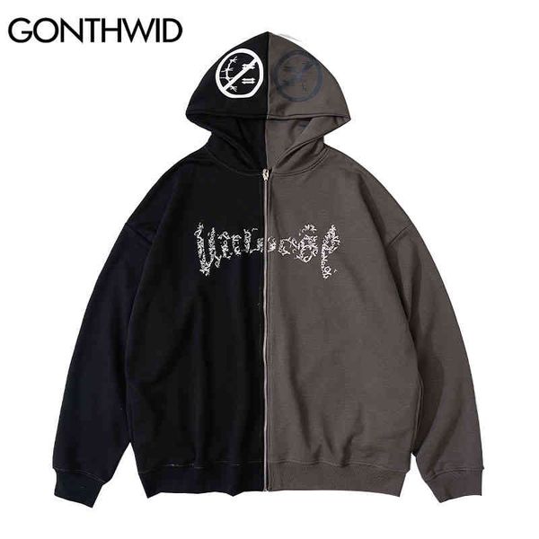 

gonthwid hip hop zip up gothic hoodie hooded sweatshirt two tone punk zipper coat 2021 mens harajuku autumn cotton et, Black
