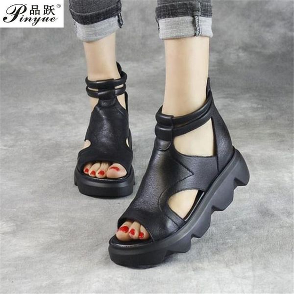 

summer fashion sandals genuine leather soft outsole comfortable open toe wedges mother shoes flat dress, Black